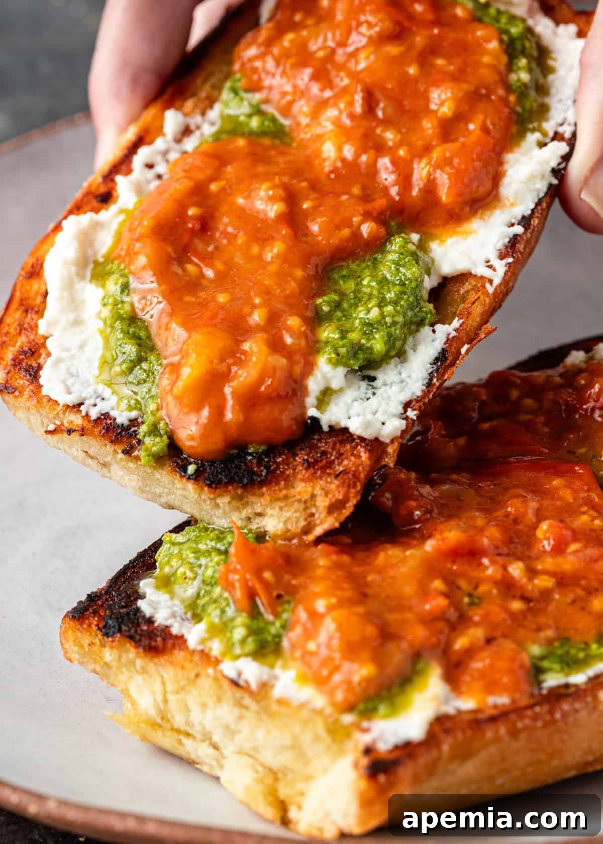 Closeup: a hand lifting a piece of toasted bread with cheese, pesto, and tomato confit. Showing a delicious bite.