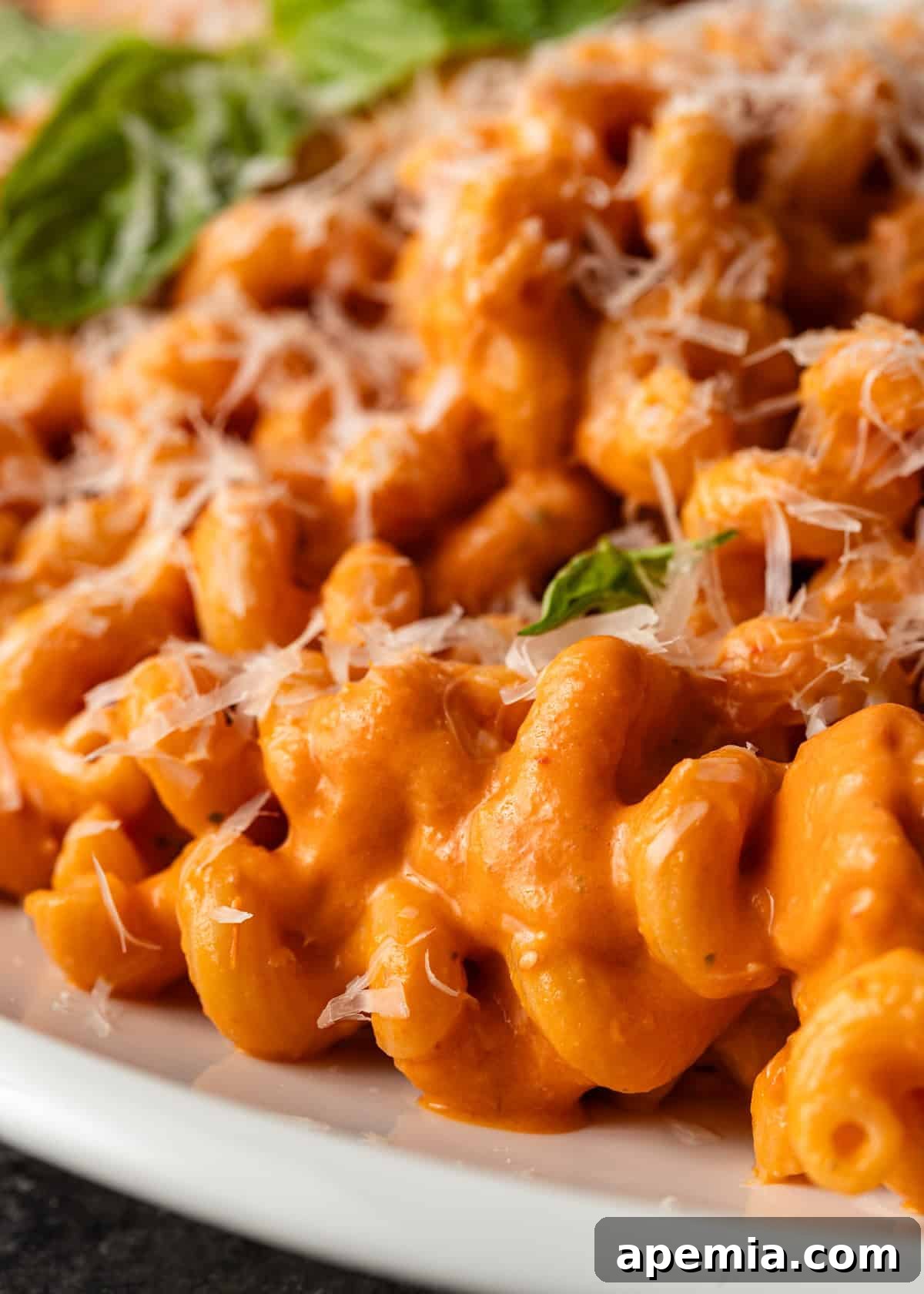Close-up of tomato confit pasta sauce generously coating macaroni pasta