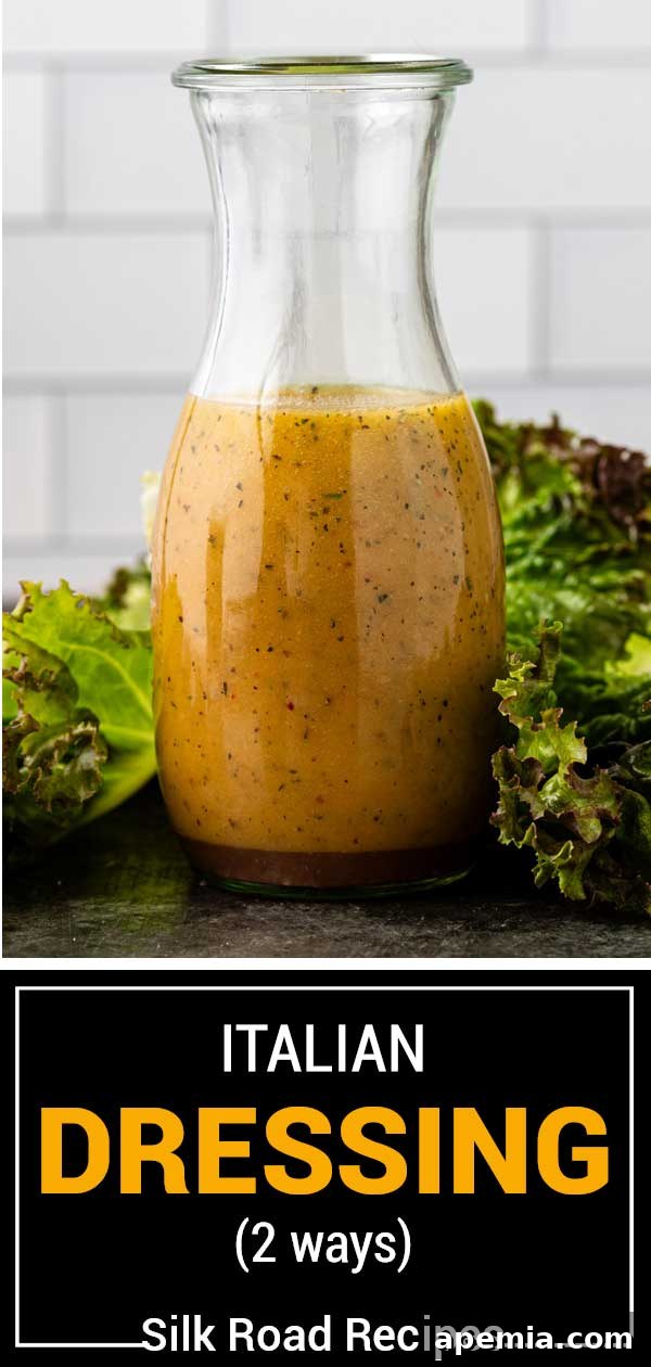 Homemade Italian Dressings Two Ways 12 Large titled image displaying both plain and creamy versions of homemade Italian dressing in clear bottles.