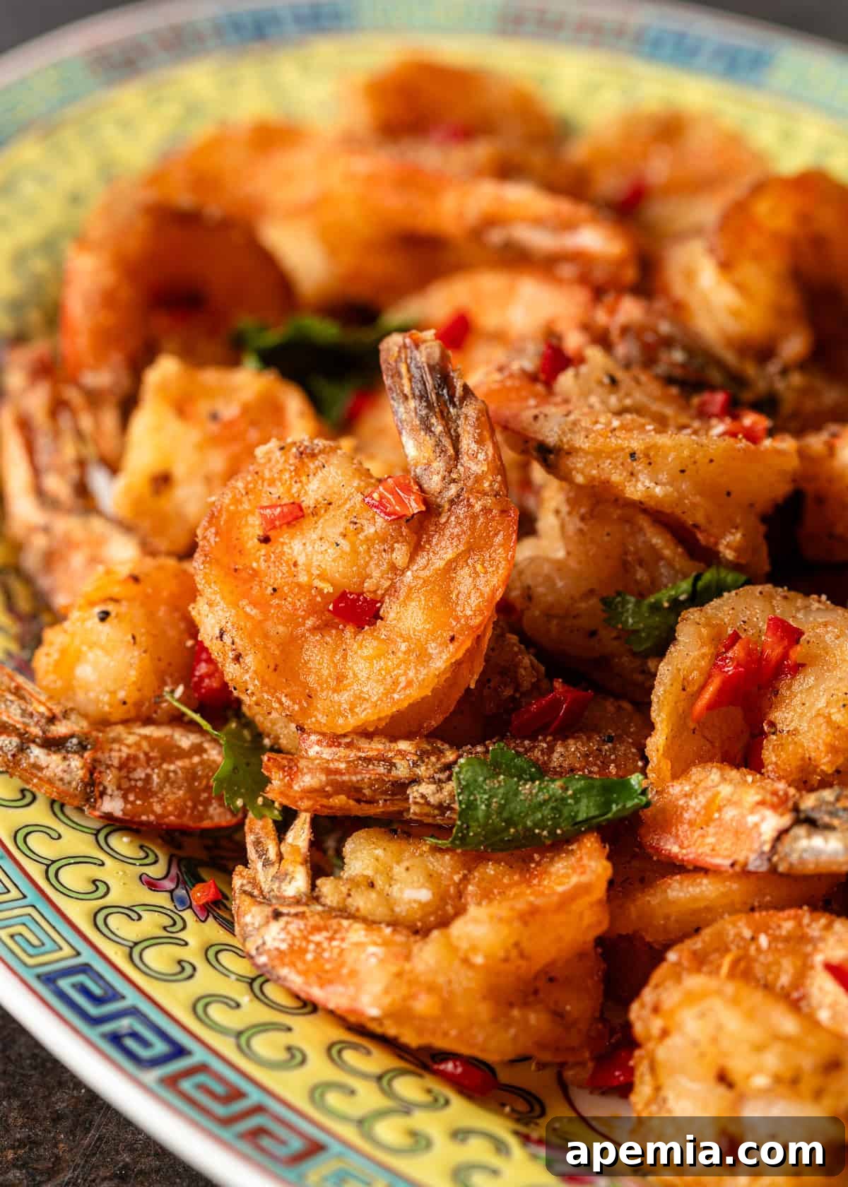 closeup: my salt and pepper shrimp recipe on a ceramic platter