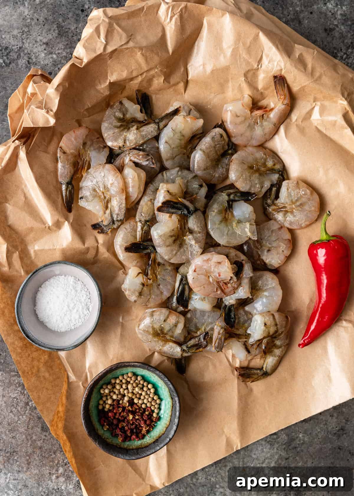 overhead: ingredients needed to make my salt and pepper shrimp recipe