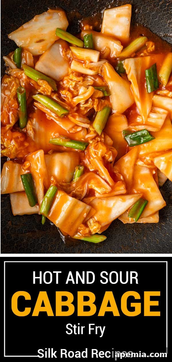 Large, titled image of the finished Hot and Sour Cabbage Stir Fry, presented beautifully.