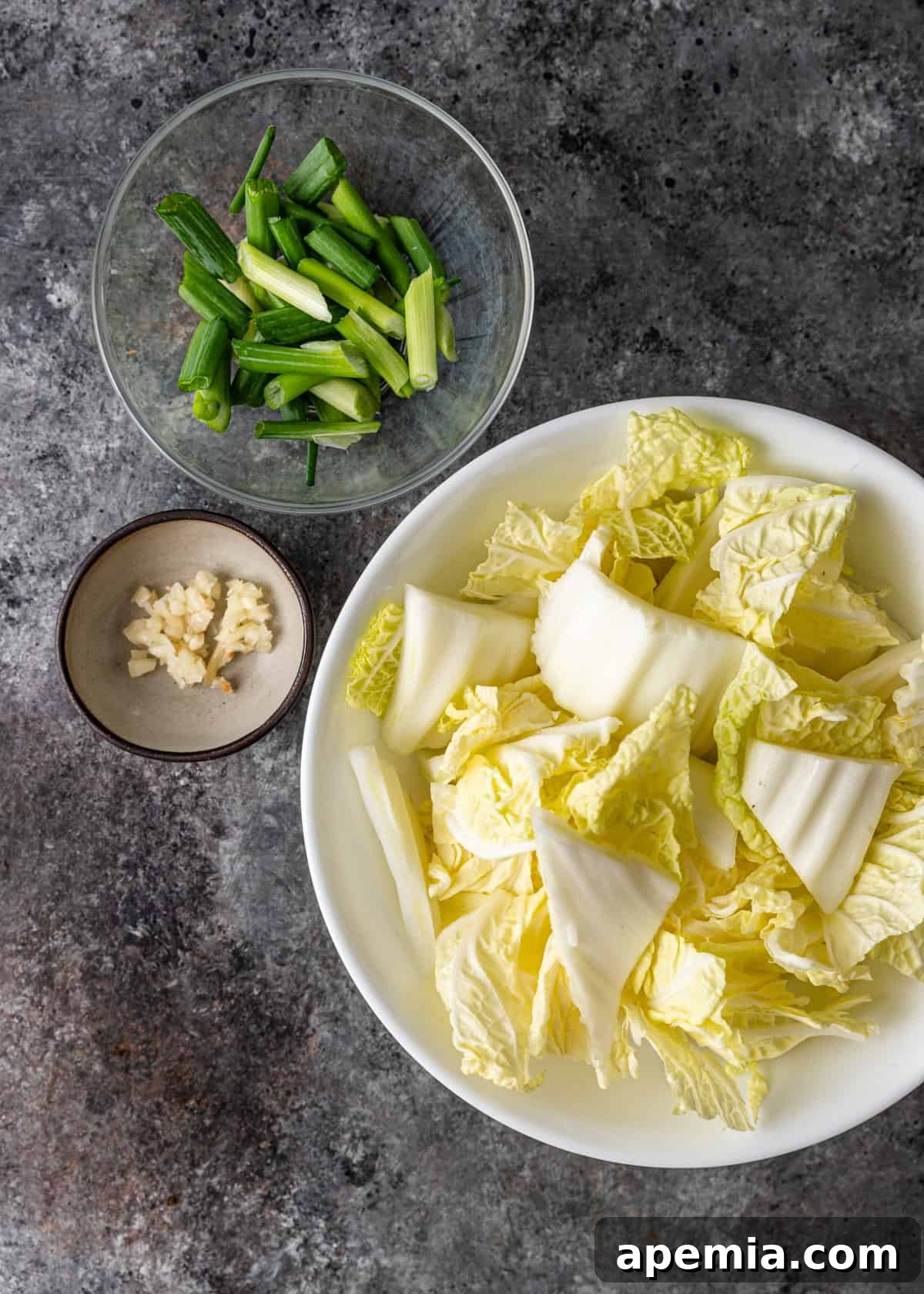 Overhead shot of all the prepared ingredients for hot and sour cabbage: chopped Napa cabbage, sliced green onions, and minced garlic, neatly arranged for cooking.