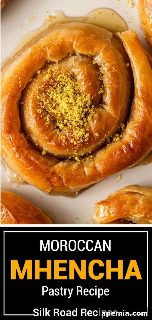 Mhencha: Moroccan Coiled Almond Delight 17 Titled image showing the final Moroccan Mhencha Pastry recipe, ready for serving.
