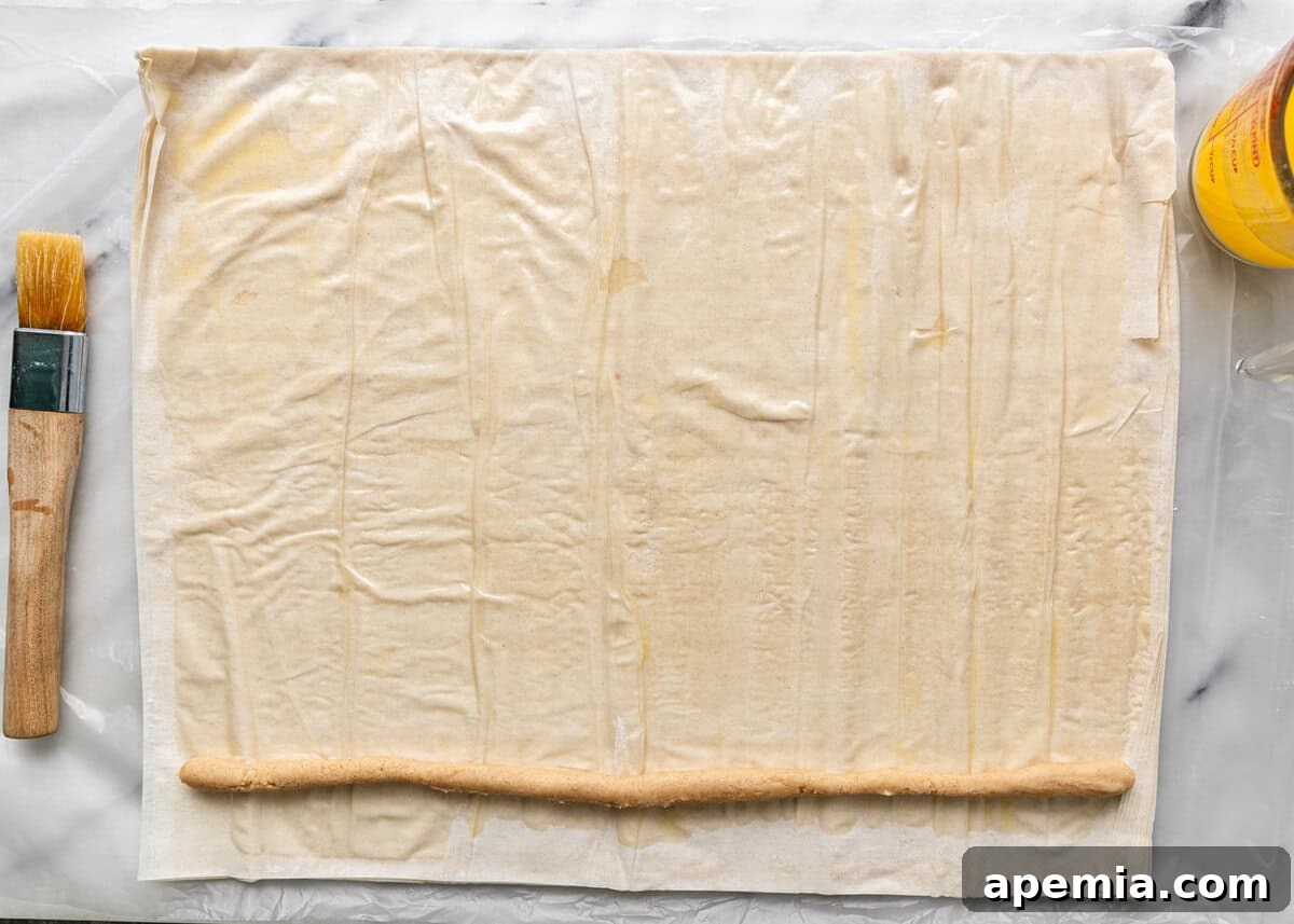 Mhencha: Moroccan Coiled Almond Delight 9 Overhead process shot: a sheet of raw filo pastry covered in melted butter with a thin log of almond mhencha filling placed at the bottom edge.