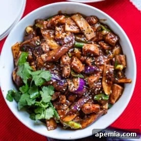 overhead photo of Szechuan Eggplant and Pork Stir Fry in bowl on red placemat