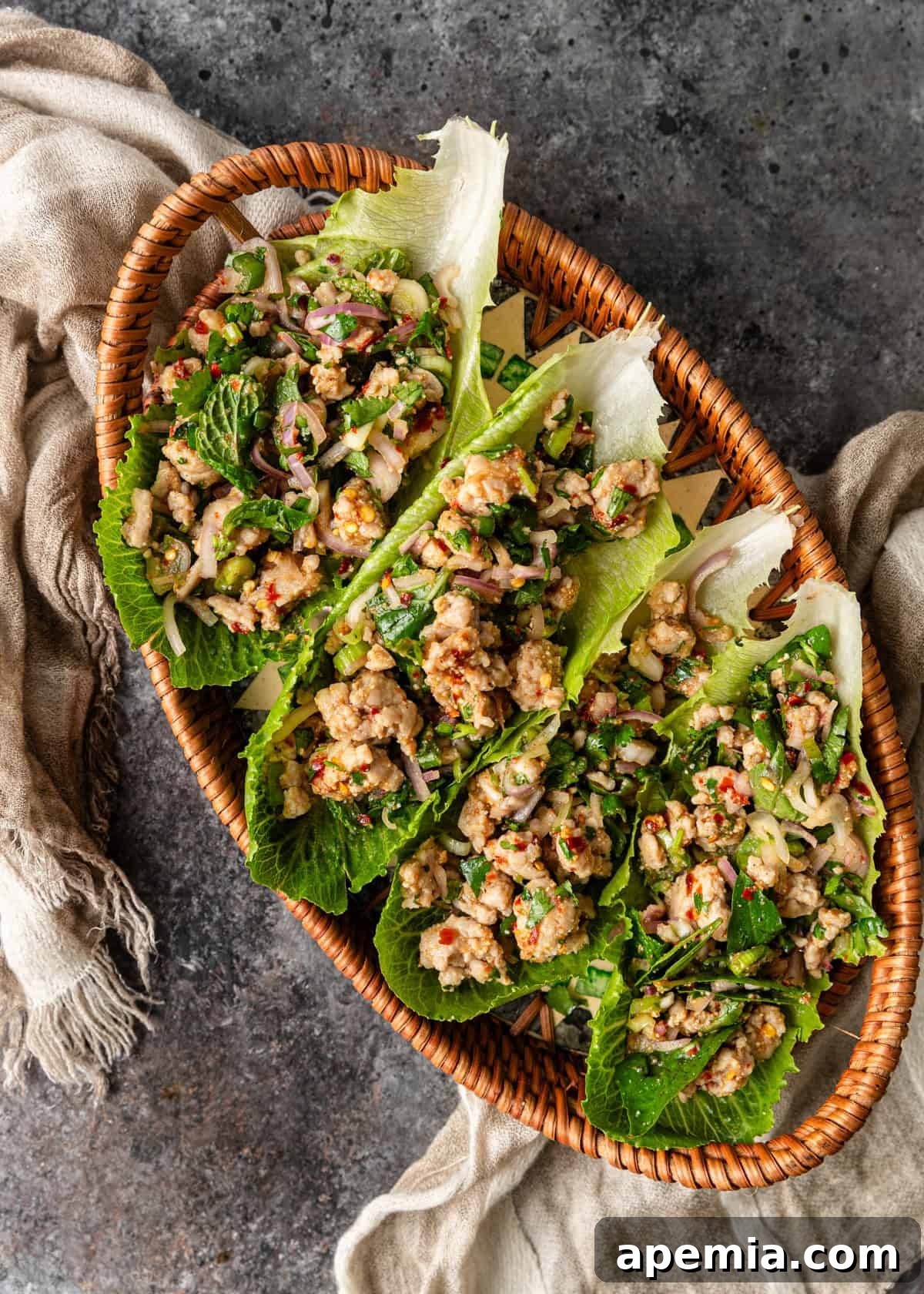 Zesty Thai Larb Gai Chicken Lettuce Wraps 13 overhead: my chicken salad wrap recipe in lettuce boats ready to serve