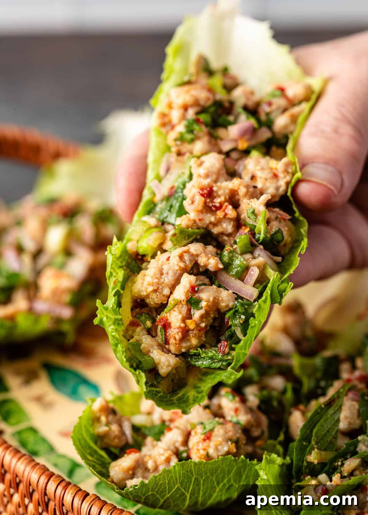 Zesty Thai Larb Gai Chicken Lettuce Wraps 14 closeup: a hand holding a thai larb gai lettuce wrap