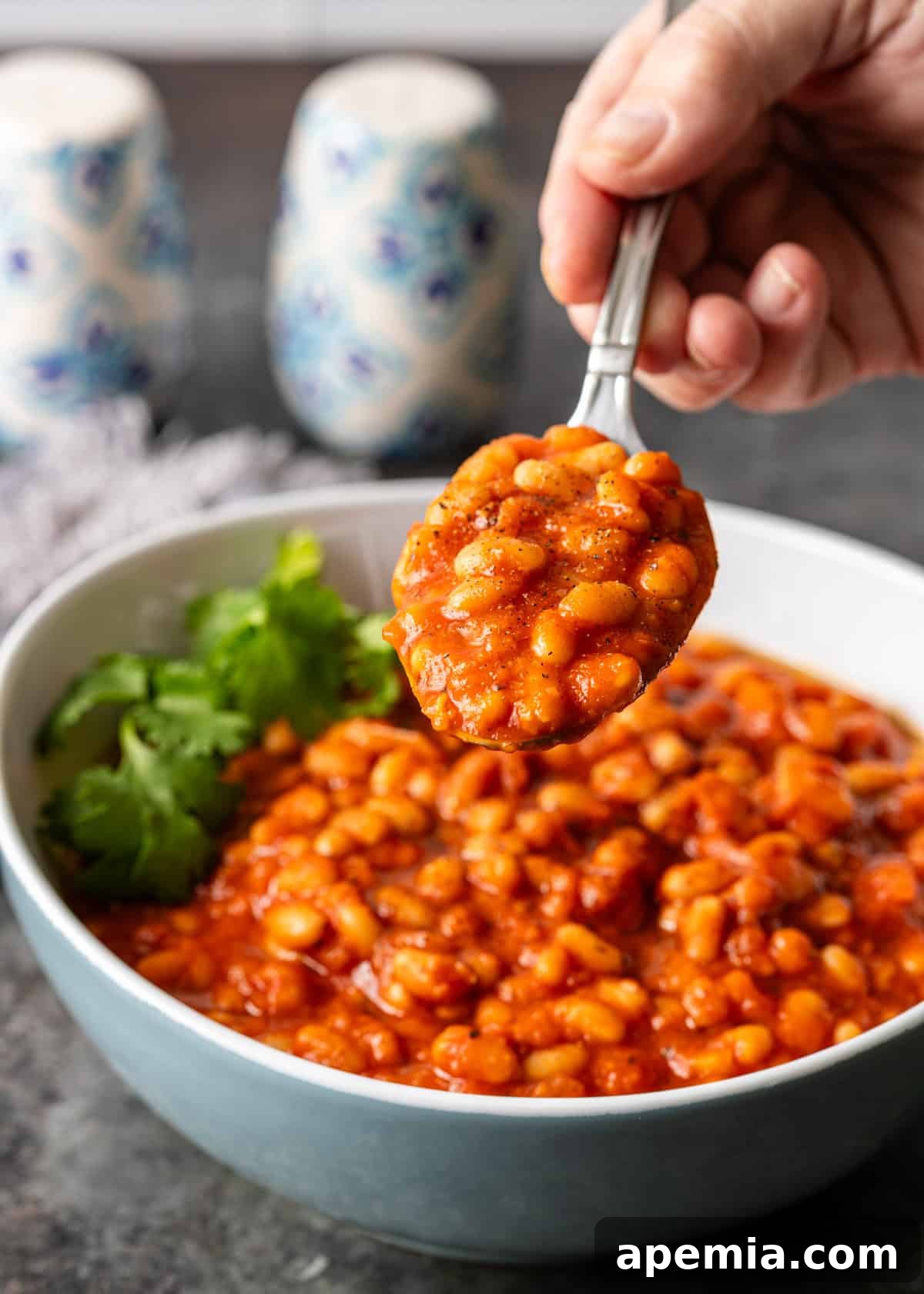 Closeup shot of a hand lifting a spoonful of Fasoolia Baida, showcasing the beans and rich broth.