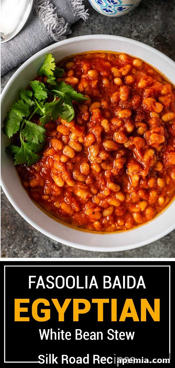 Large titled image: Fasoolia Baida Egyptian White Bean Stew, with a visually appealing presentation.