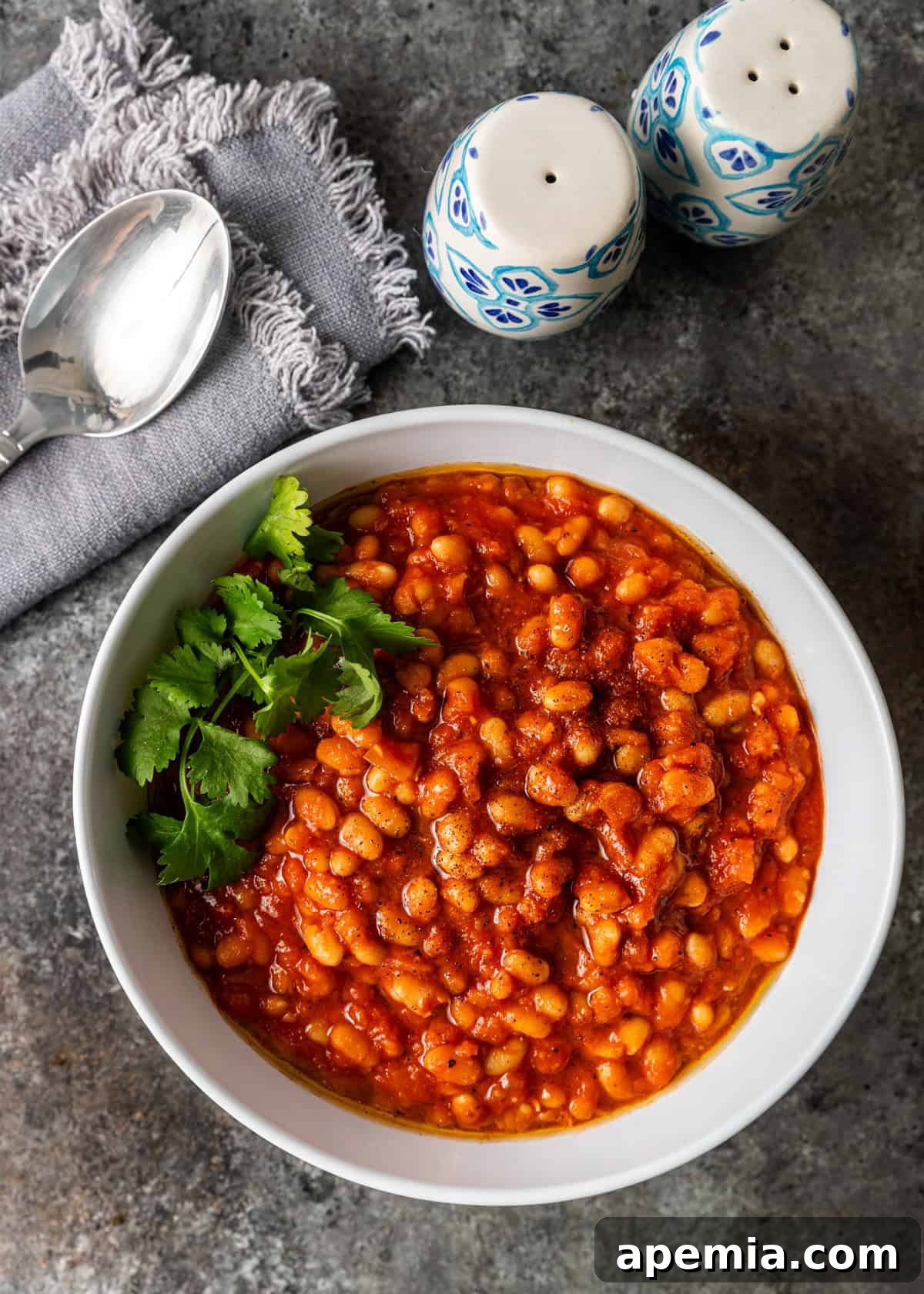 Overhead view of a beautiful bowl of white bean stew, garnished with fresh parsley for a touch of color and freshness.