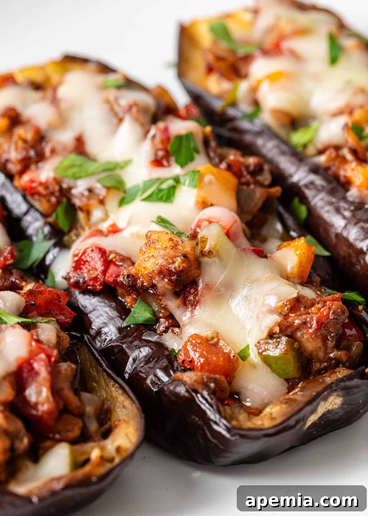 extreme closeup: Egyptian stuffed eggplant with veggies and melted cheese