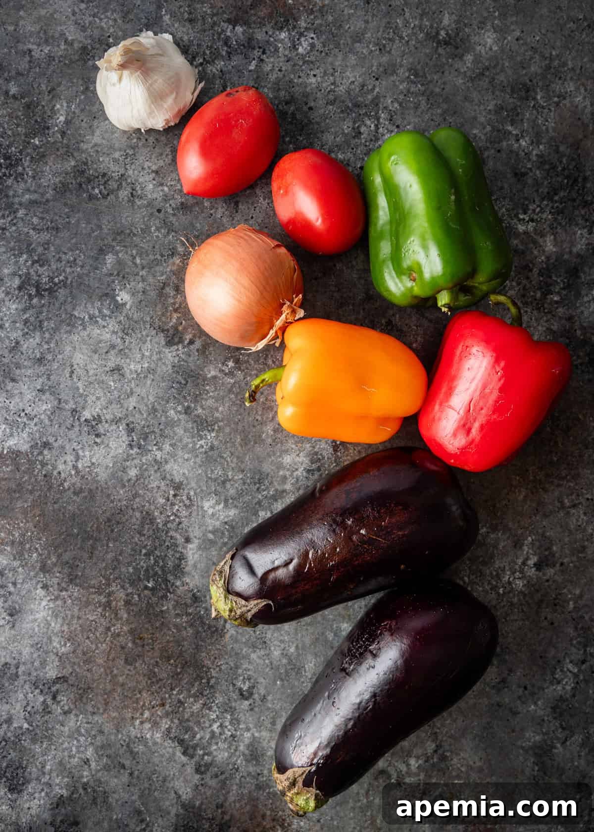 overhead: vegetables needed for my stuffed eggplant recipe