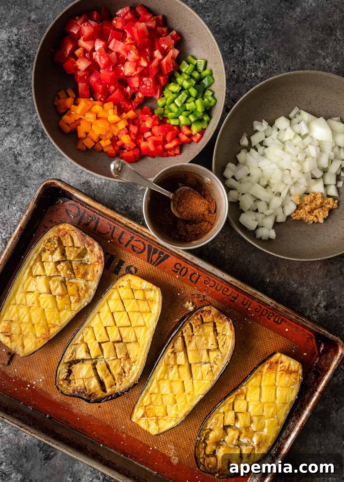 overhead: prepared ingredients for Egyptian stuffed eggplant