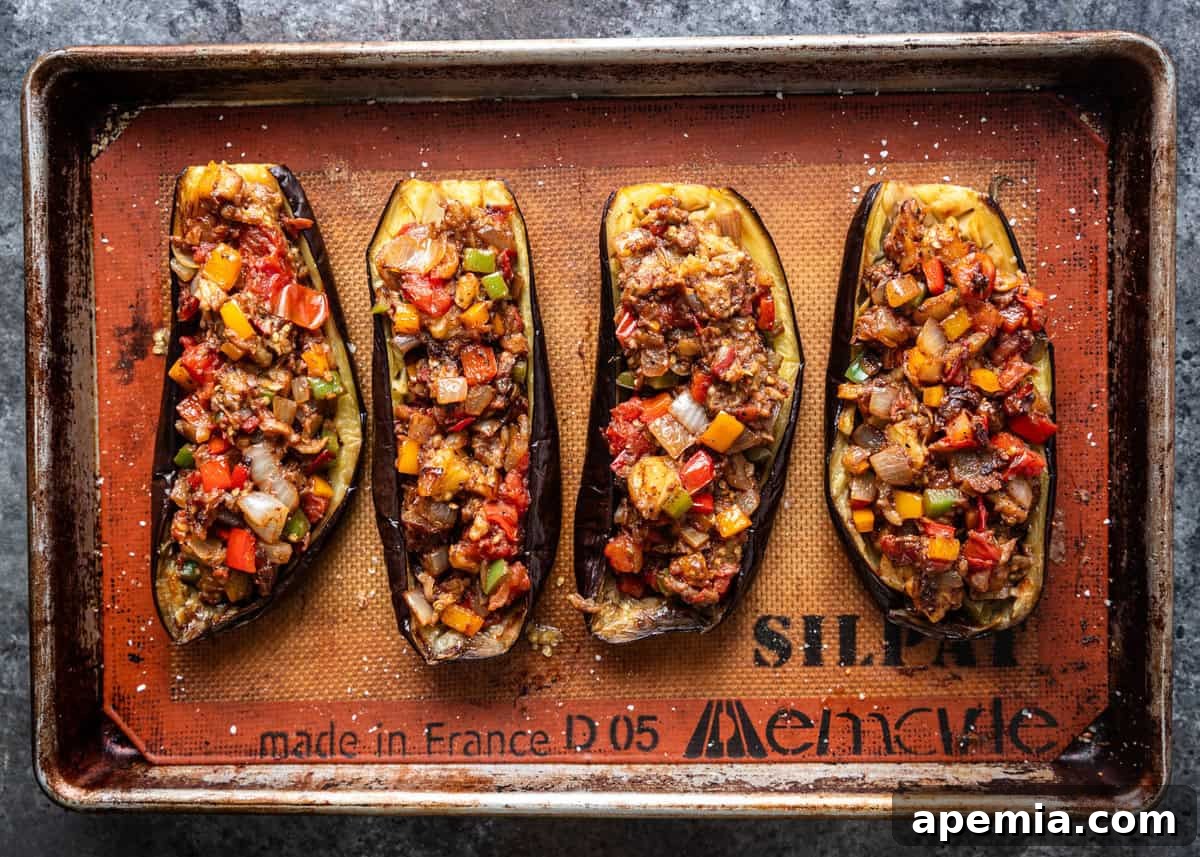 overhead: stuffed eggplant before baking