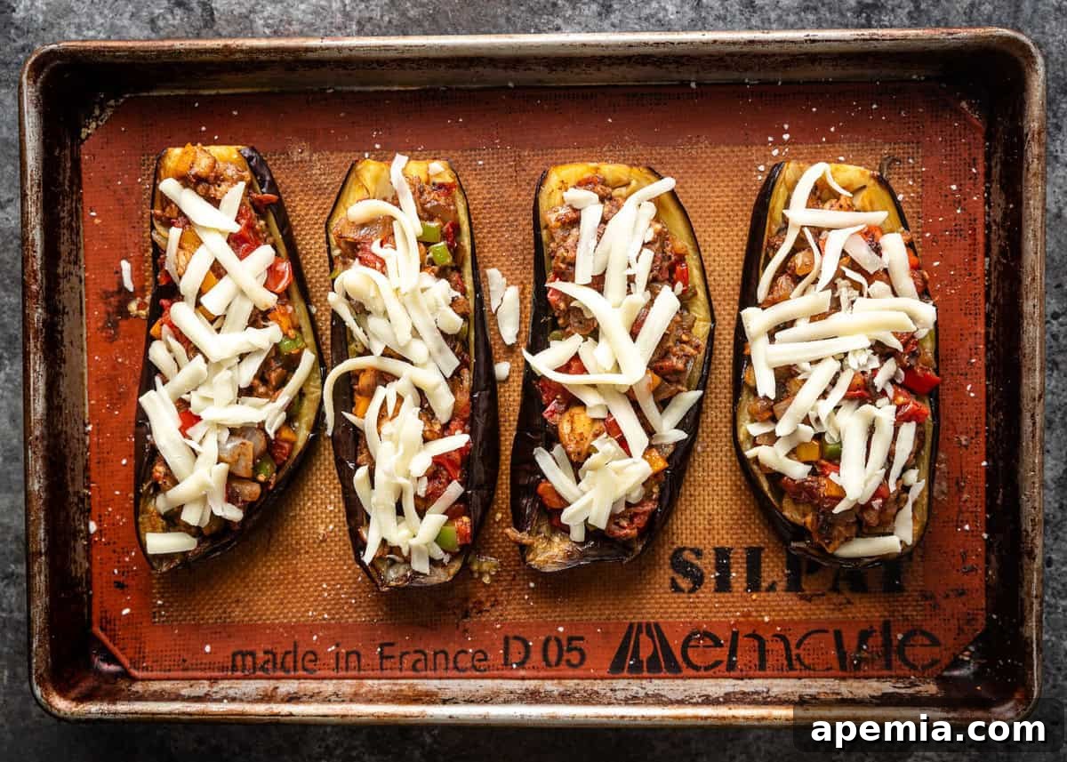 overhead: stuffed eggplant with cheese before baking