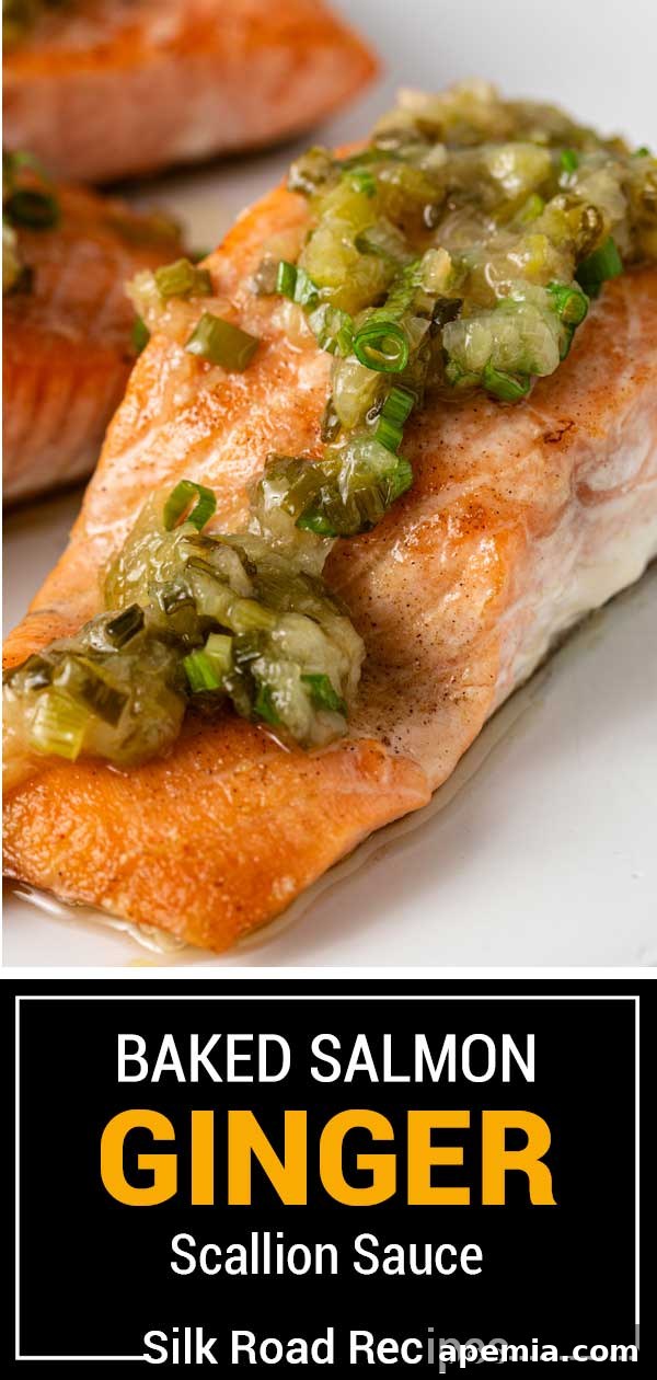 Full image of baked salmon with ginger scallion sauce, ready to serve