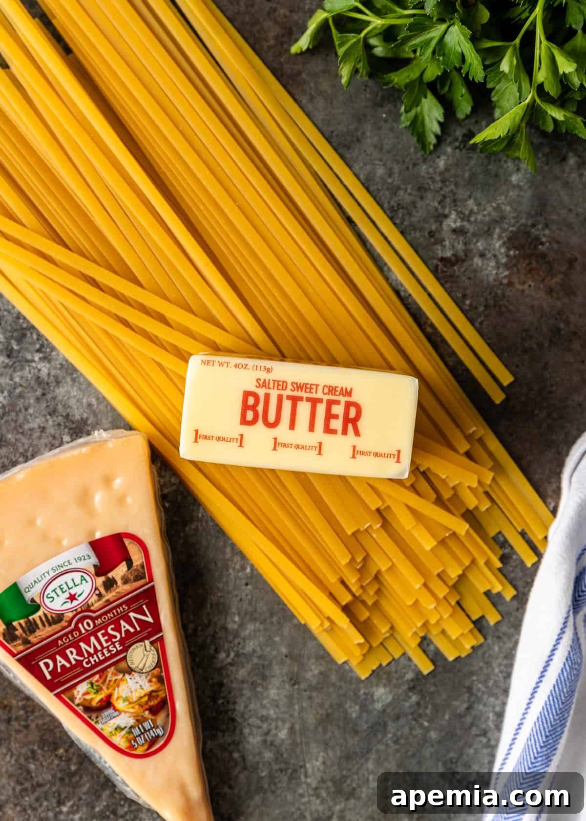 overhead: ingredients needed for my simple fettuccine alfredo recipe