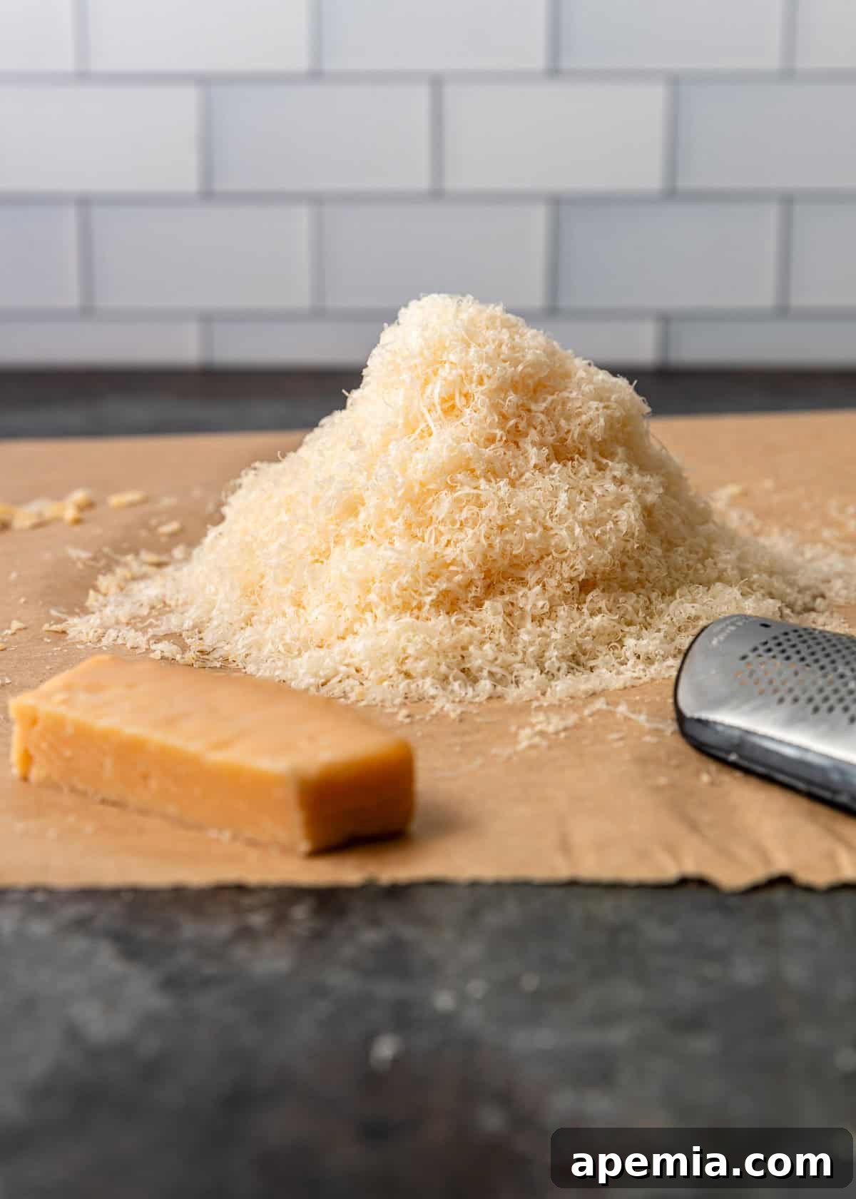 freshly grated parmesan cheese on a piece of parchment