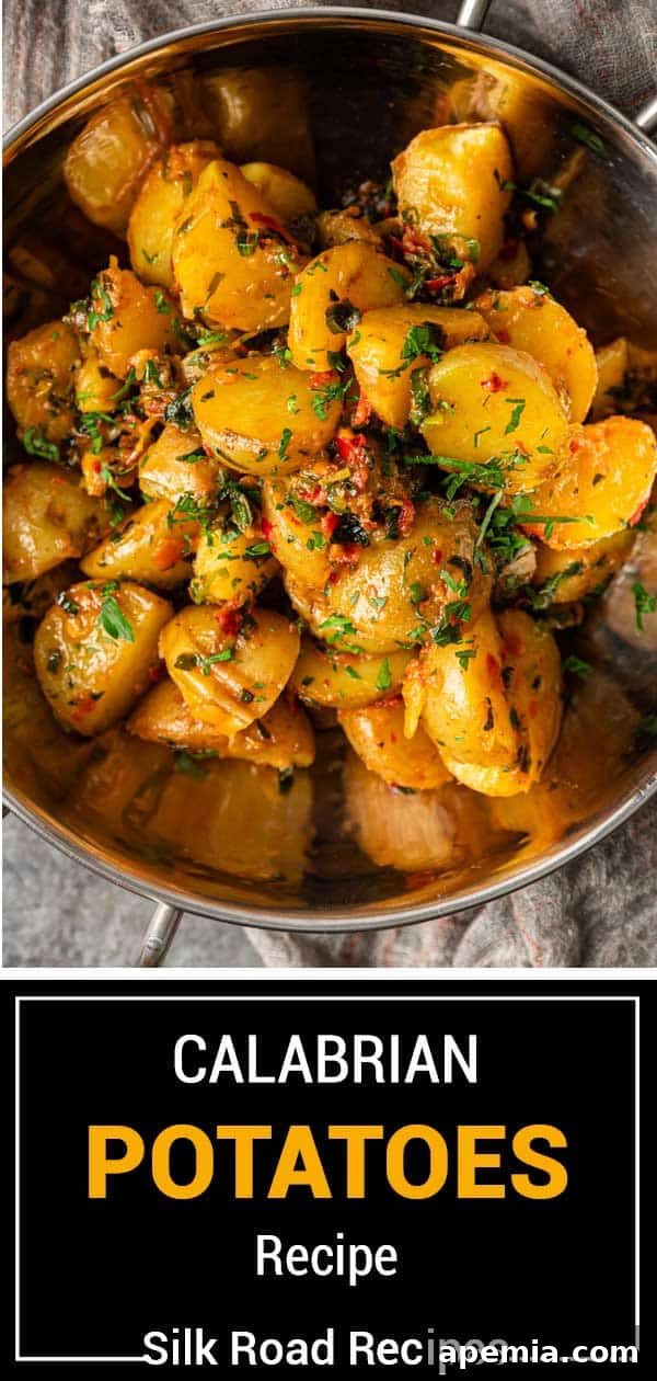 Titled image showing the final Calabrian Potatoes recipe, golden and garnished with fresh herbs, a truly enticing dish.
