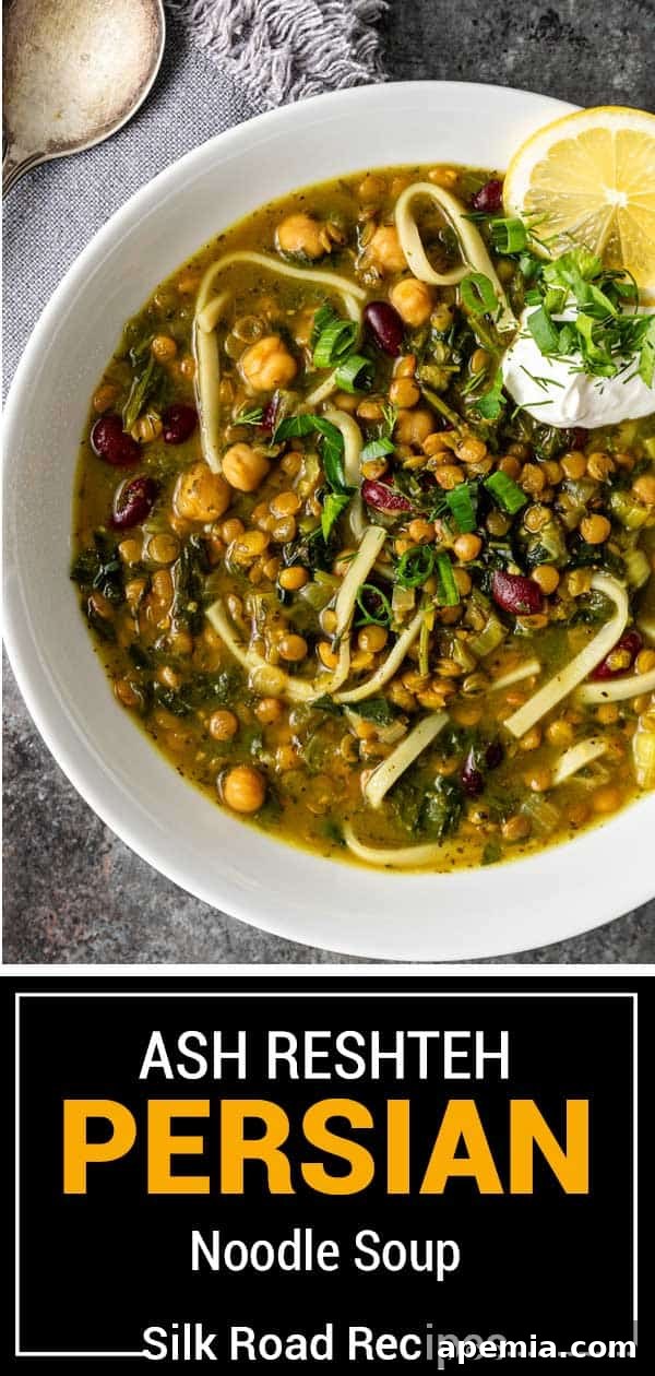 Titled image showing a bowl of Ash Reshteh Persian Noodle Soup.