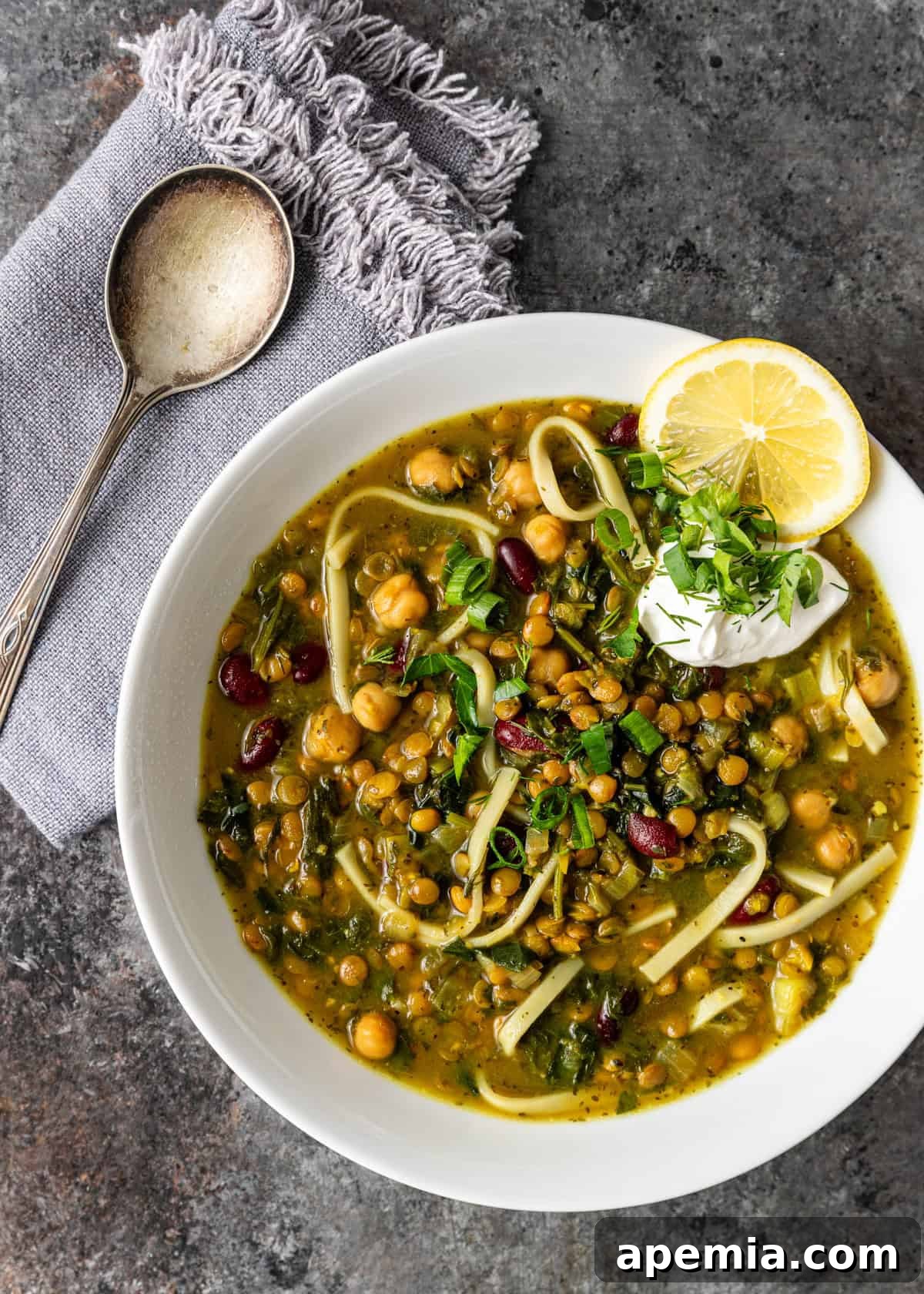 Overhead view of a bowl of Persian noodle soup generously topped with garnishes.