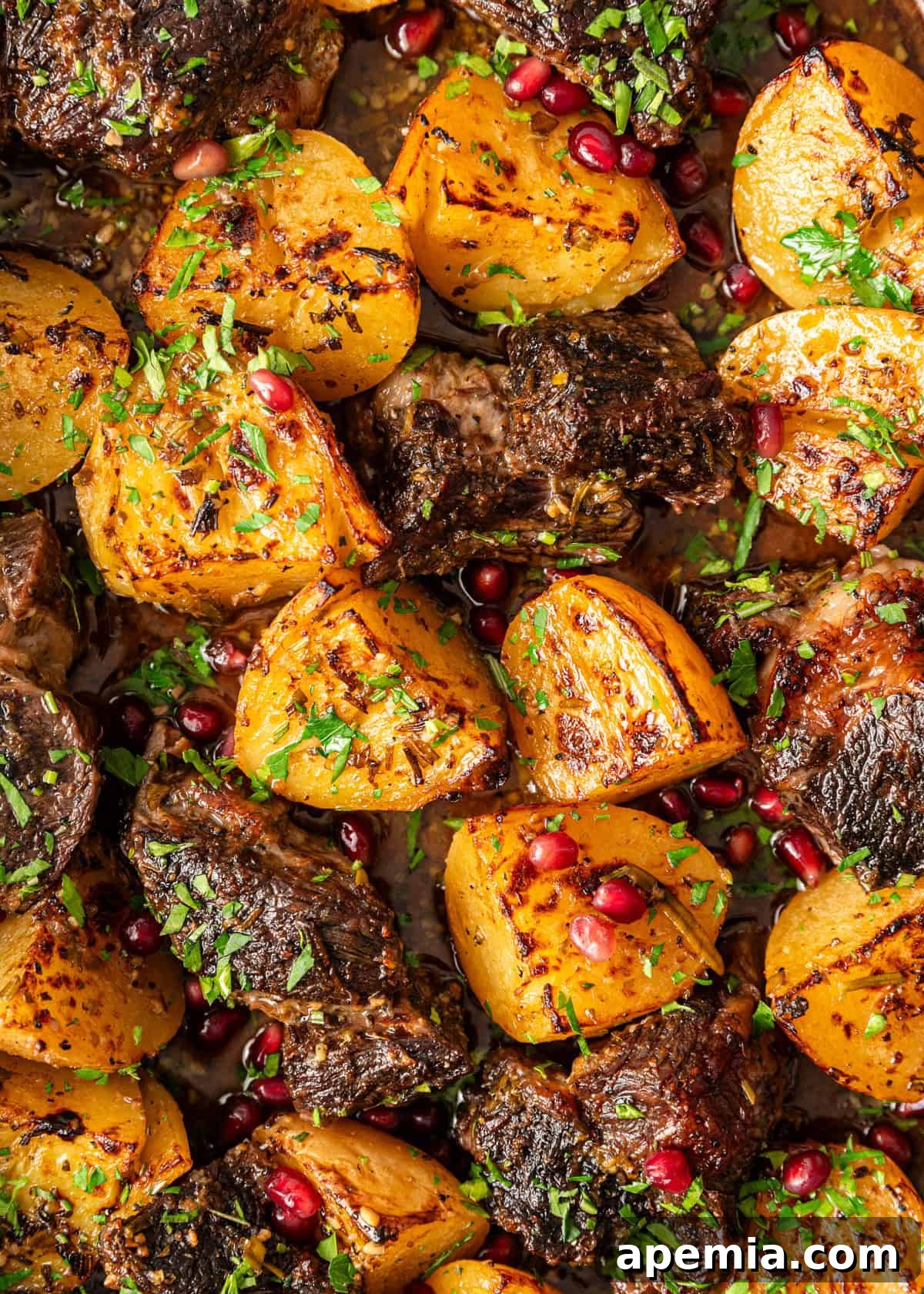 extreme closeup: roasted beef chuck with potatoes, herbs, and pomegranate