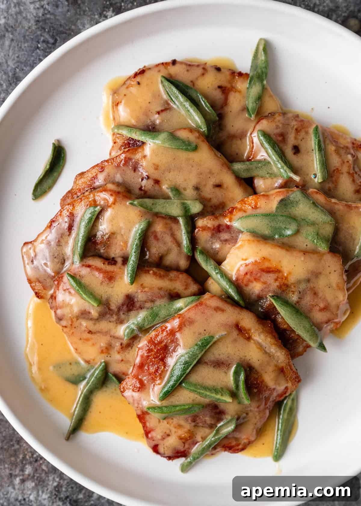 An inviting overhead view of a plated Saltimbocca, showcasing the tender pork or veal cutlets, prosciutto, and sage, generously coated in the savory white wine sauce.