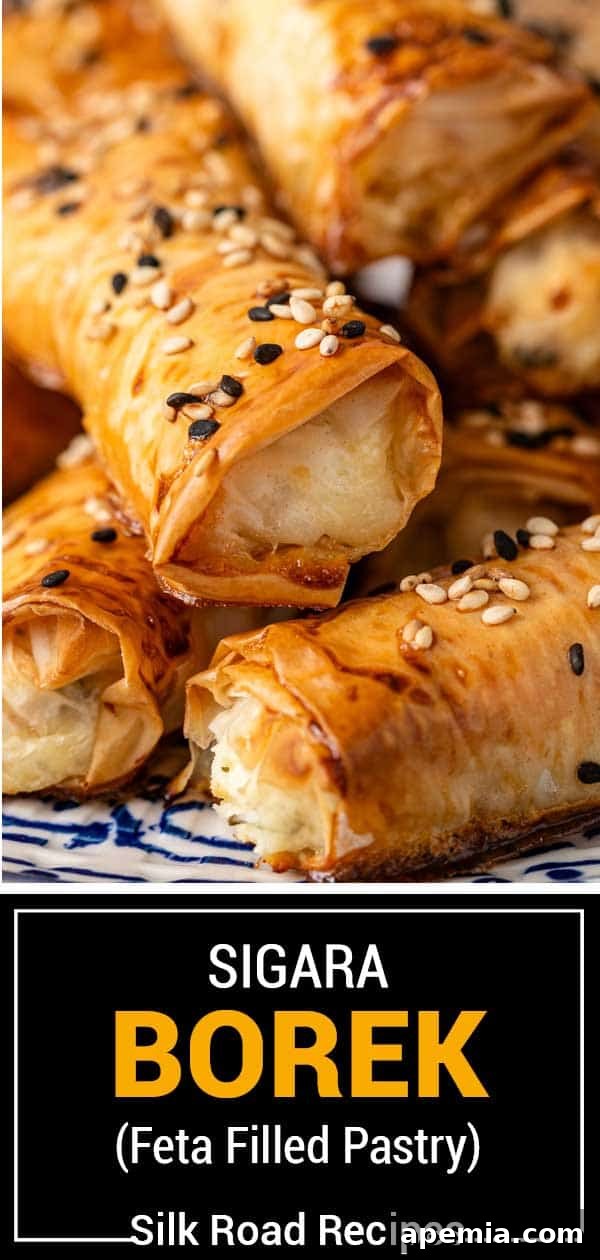 Golden Feta Börek Rolls 14 Titled image showing a full plate of Sigara Borek (Feta Filled Pastry) ready to eat.