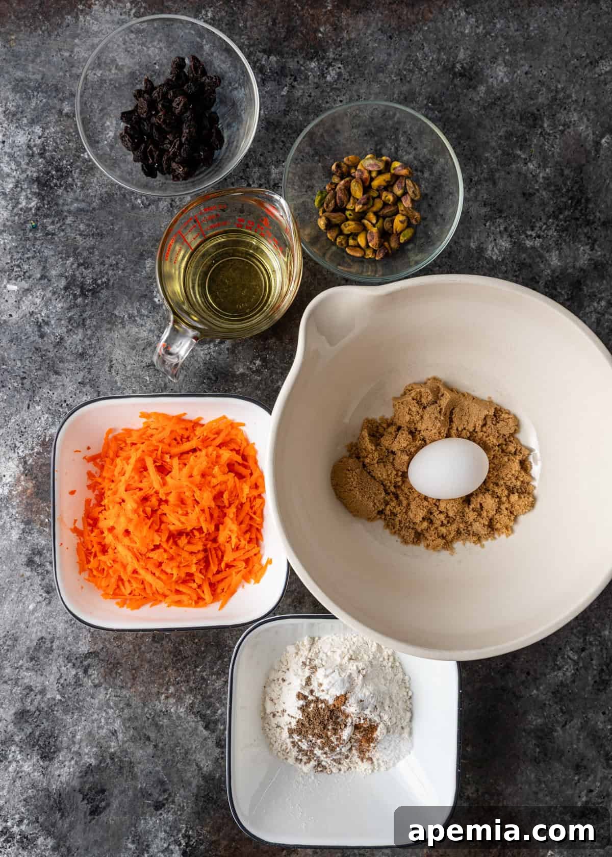 overhead: ingredients needed for my carrot cake recipe