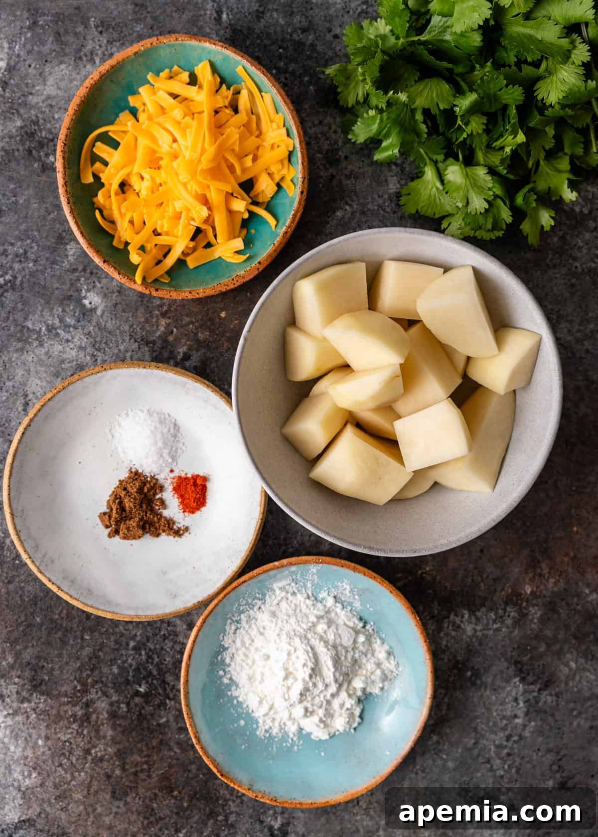 Overhead view of ingredients needed to make street style Aloo Tikki