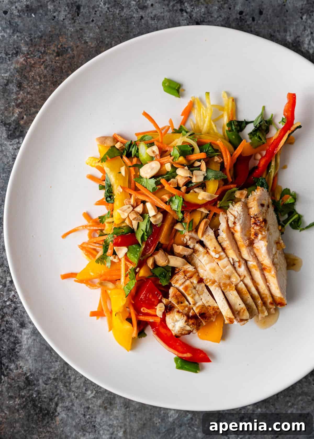 Overhead shot of a single serving of the chicken mango salad recipe on a white plate