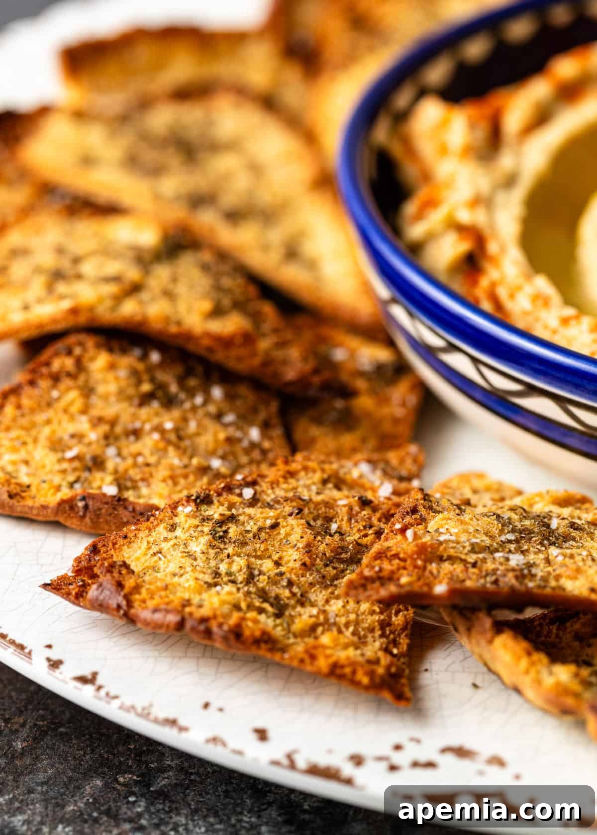 extreme closeup: my pita chips recipe around a bowl of hummus