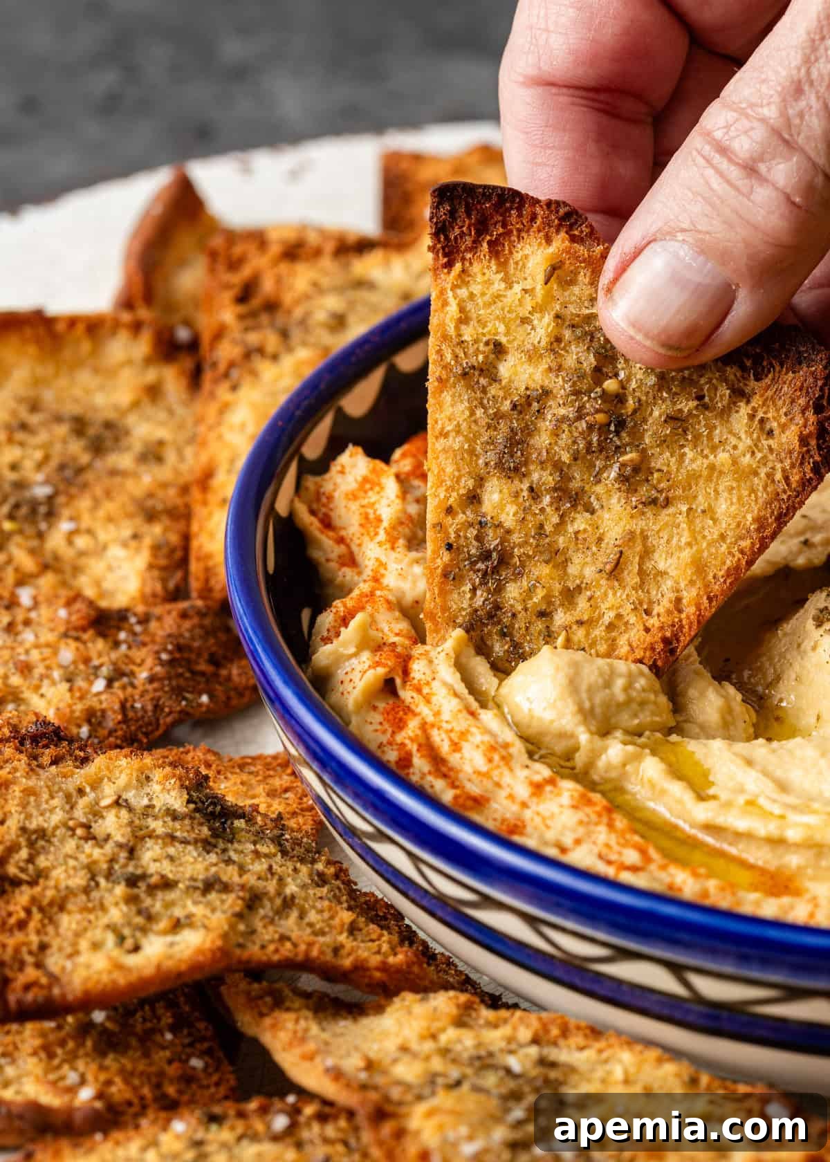 closeup: a hand dipping homemade pita chips into hummus