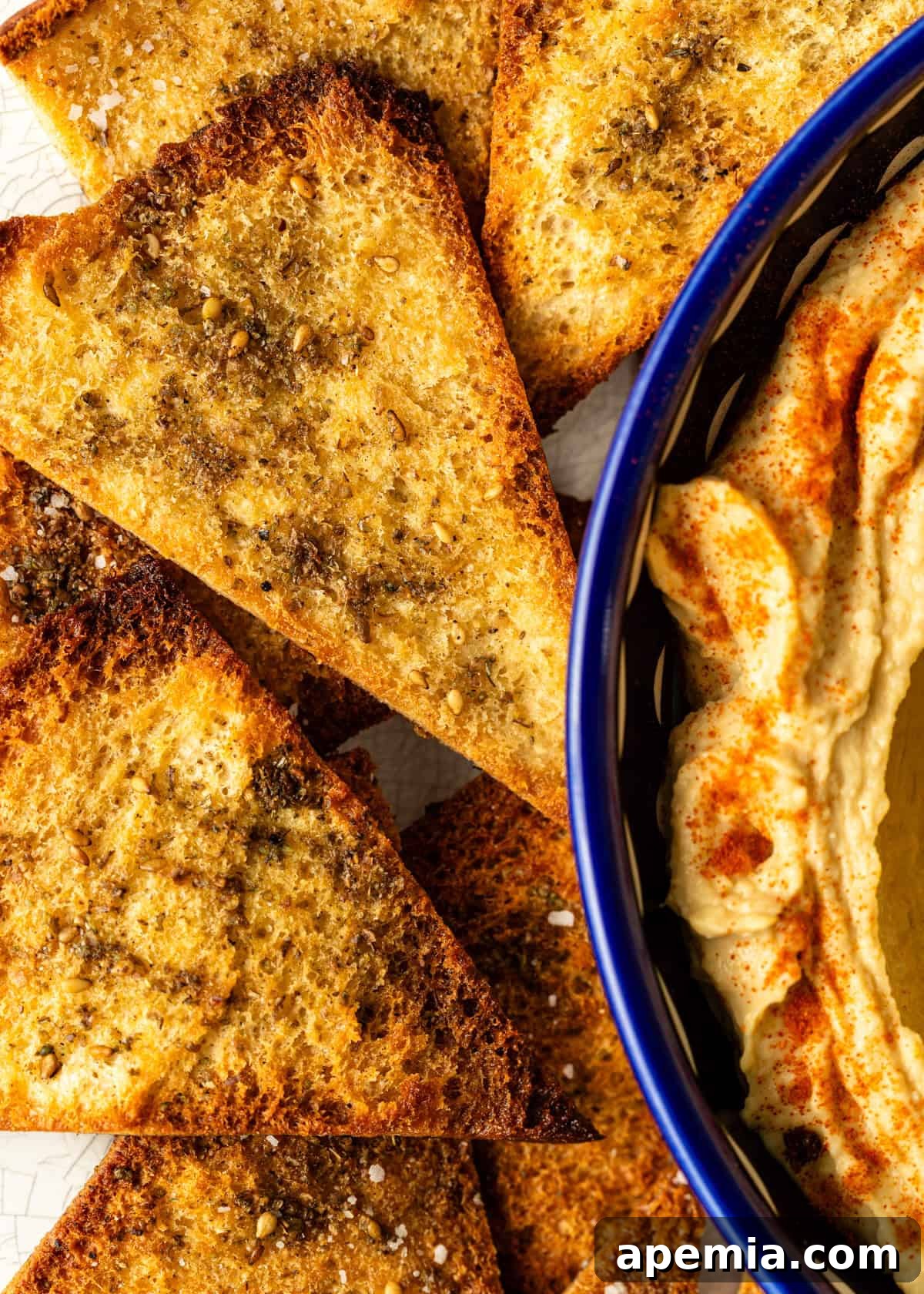 overhead closeup: homemade pita chips with seasonings next to a bowl of hummus