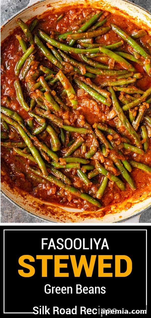 A captivating image featuring a titled description of 'Fasooliya Stewed Green Beans', beautifully presented in a bowl, highlighting its rich and inviting appearance.