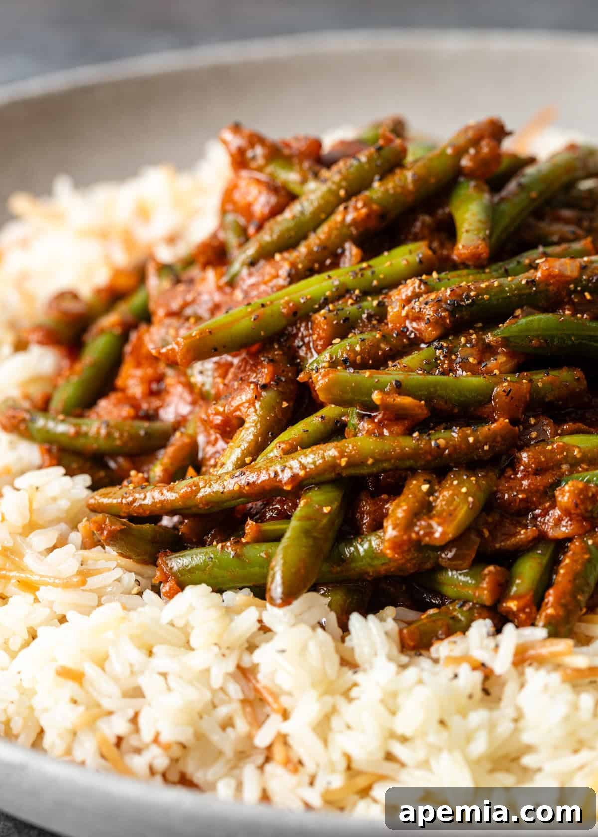 A mouthwatering side view of the Egyptian green bean stew, Fasooliya, in its vibrant tomato sauce, perfectly scooped over a bed of rice, ready to be savored.