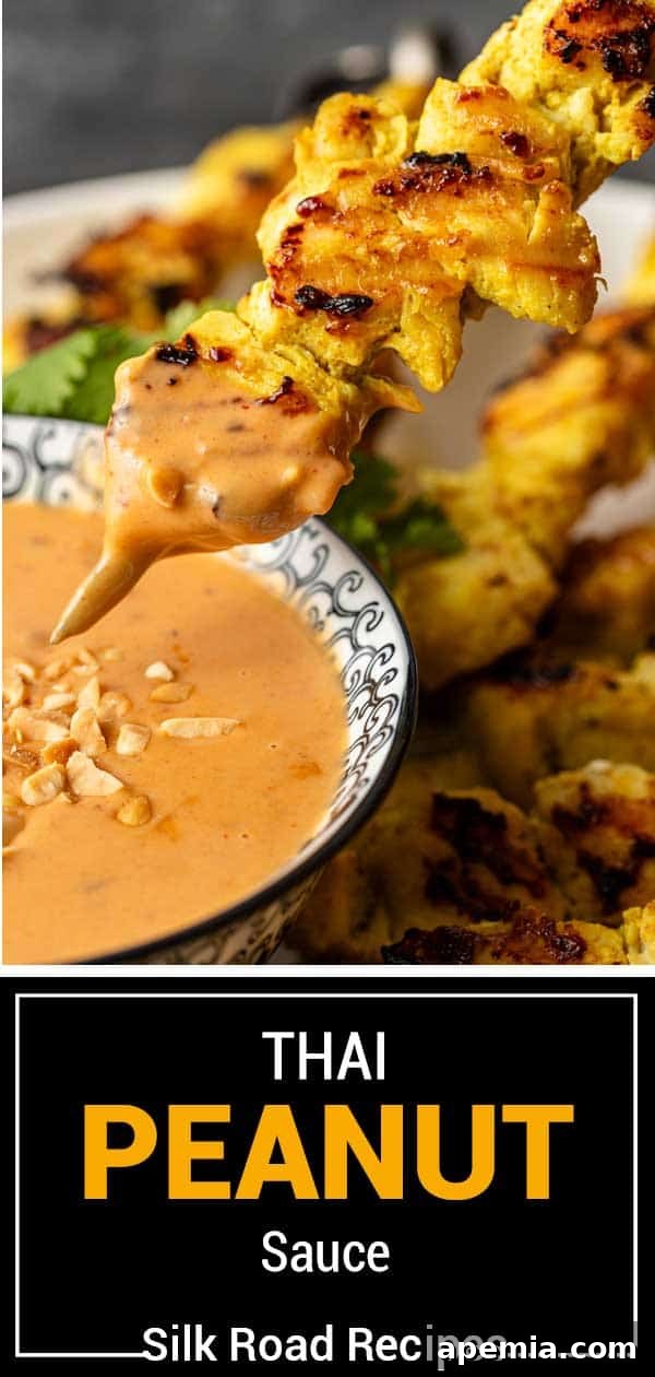 A final, enticing image of a bowl of homemade Thai peanut sauce, ready to be served and enjoyed, with a title overlay.