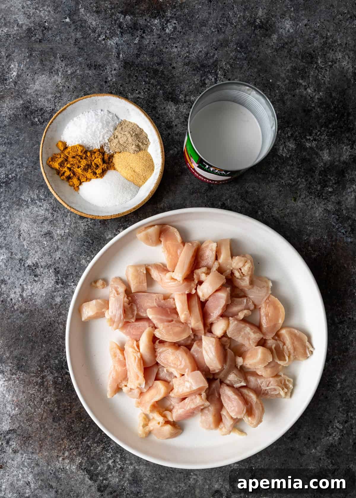 Overhead shot displaying all the fresh ingredients meticulously laid out to make the delicious chicken satay recipe, including chicken, coconut milk, spices, and skewers.