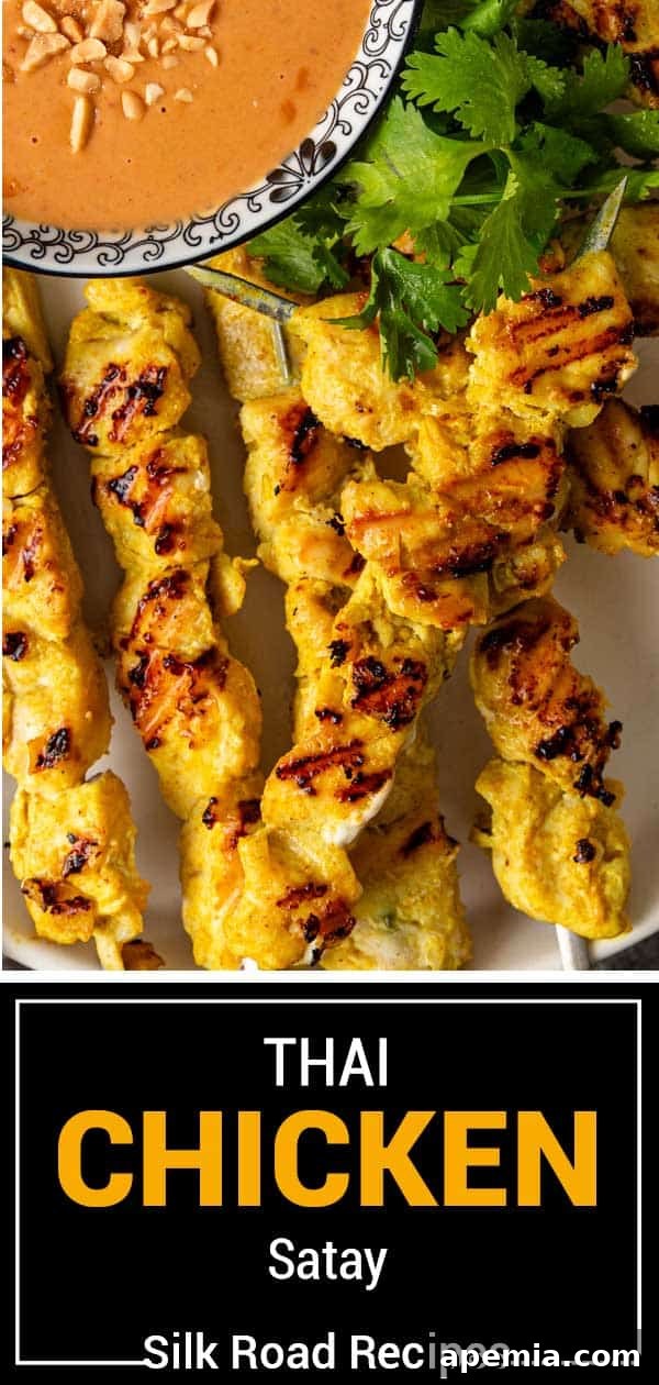 Beautifully plated Thai chicken satay skewers, garnished with fresh herbs and lime, ready to be served.