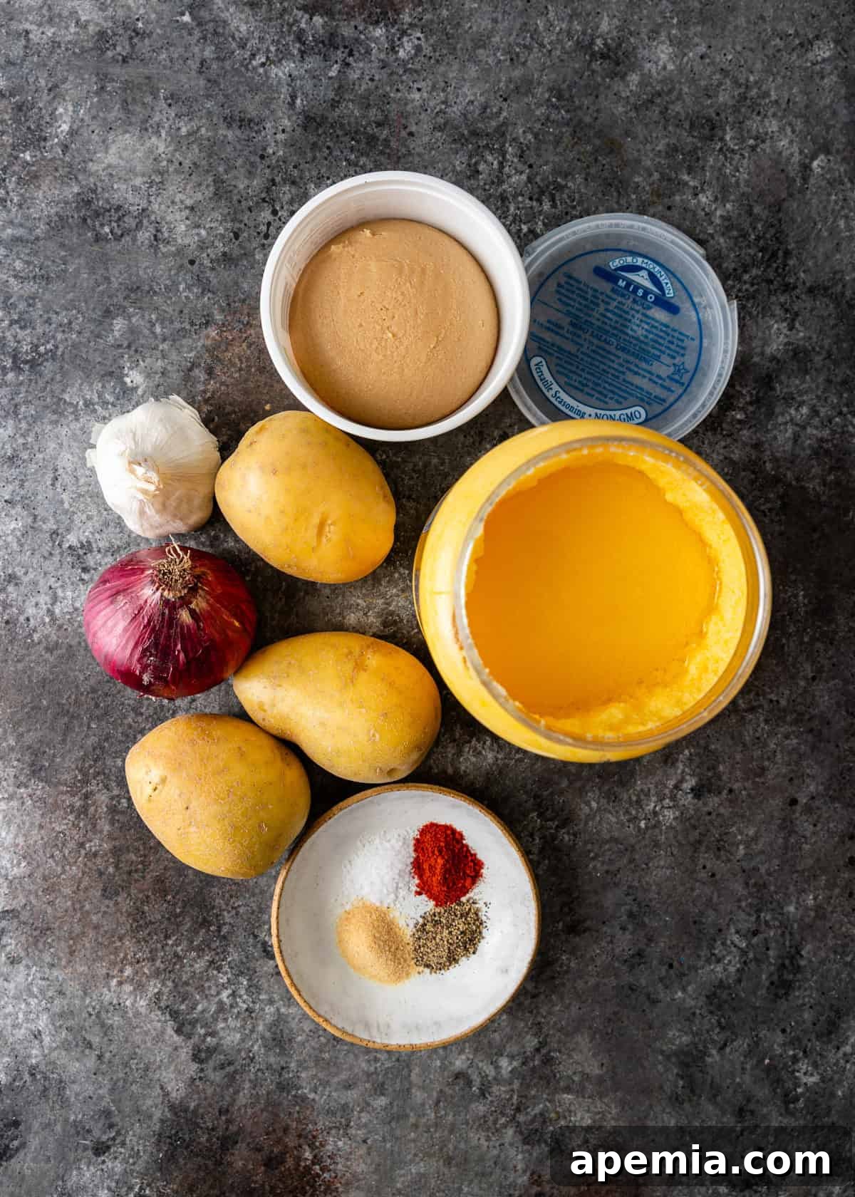overhead: ingredients needed for miso roasted potatoes