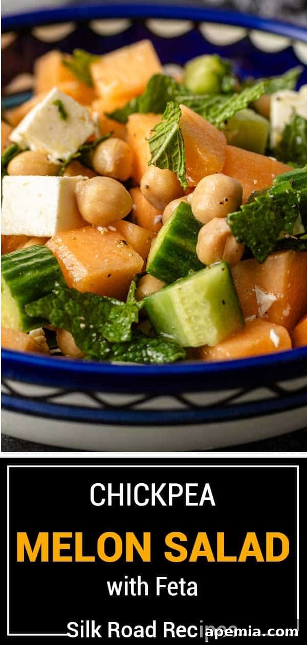 titled image (and shown): chickpea melon salad with feta, vertical orientation