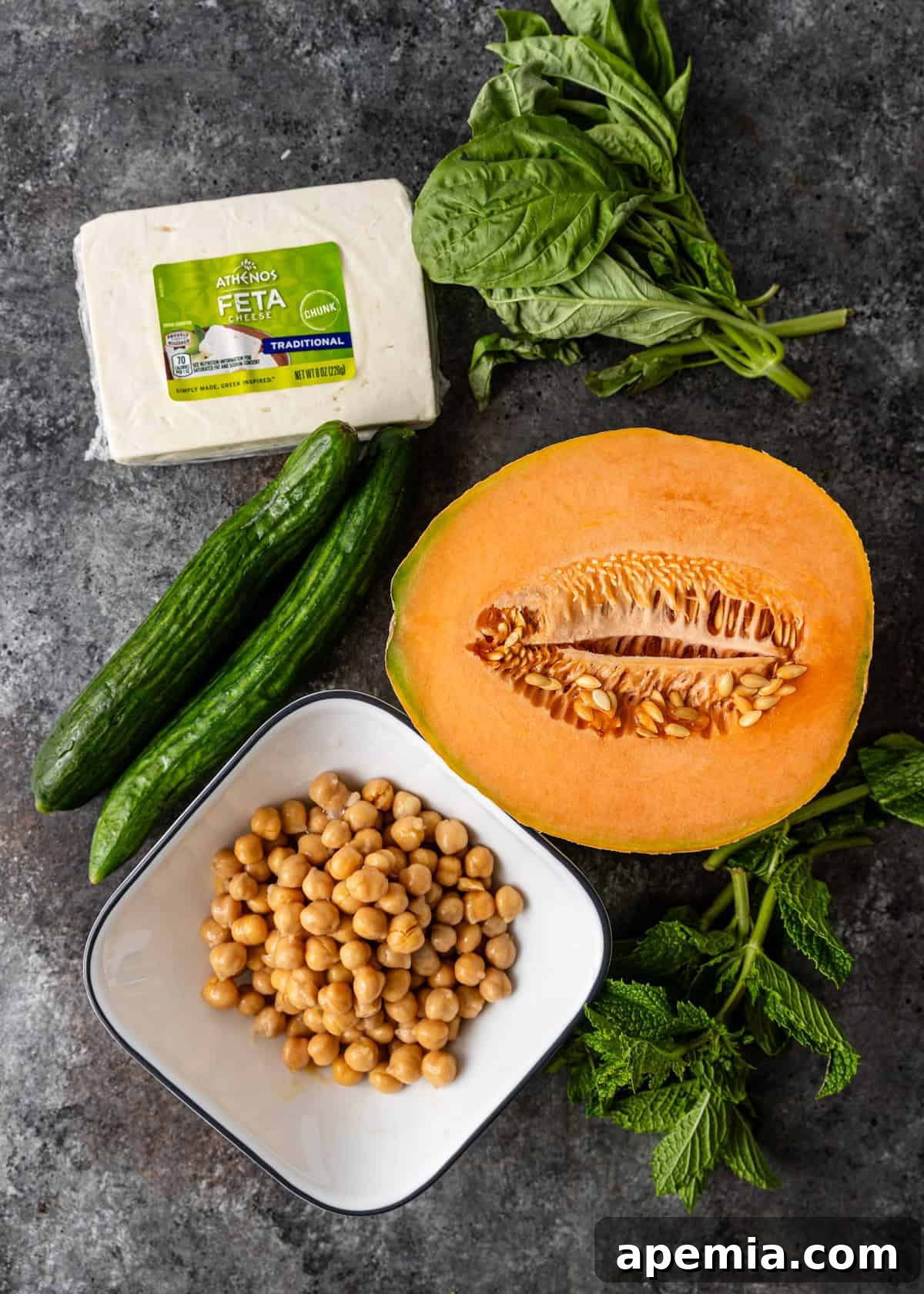 overhead: ingredients needed for my melon salad recipe laid out