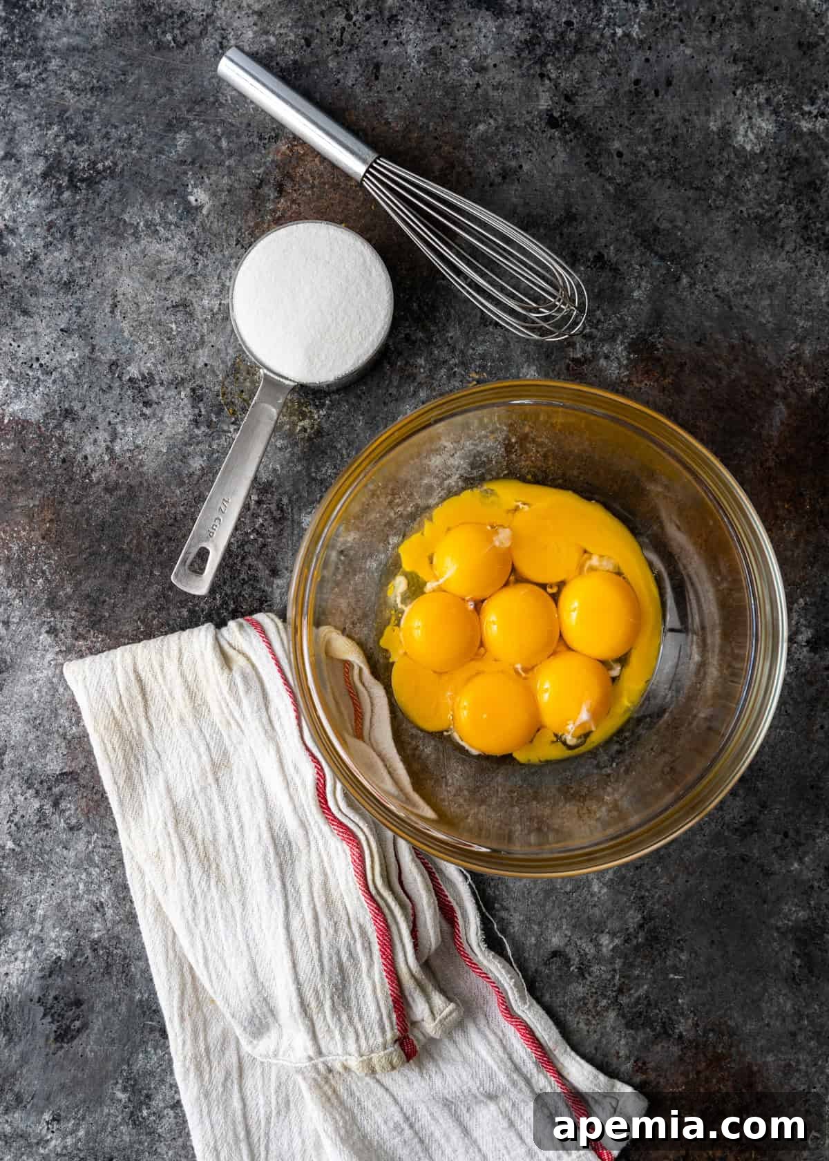 overhead: egg yolks and sugar needed for my crema catalana recipe