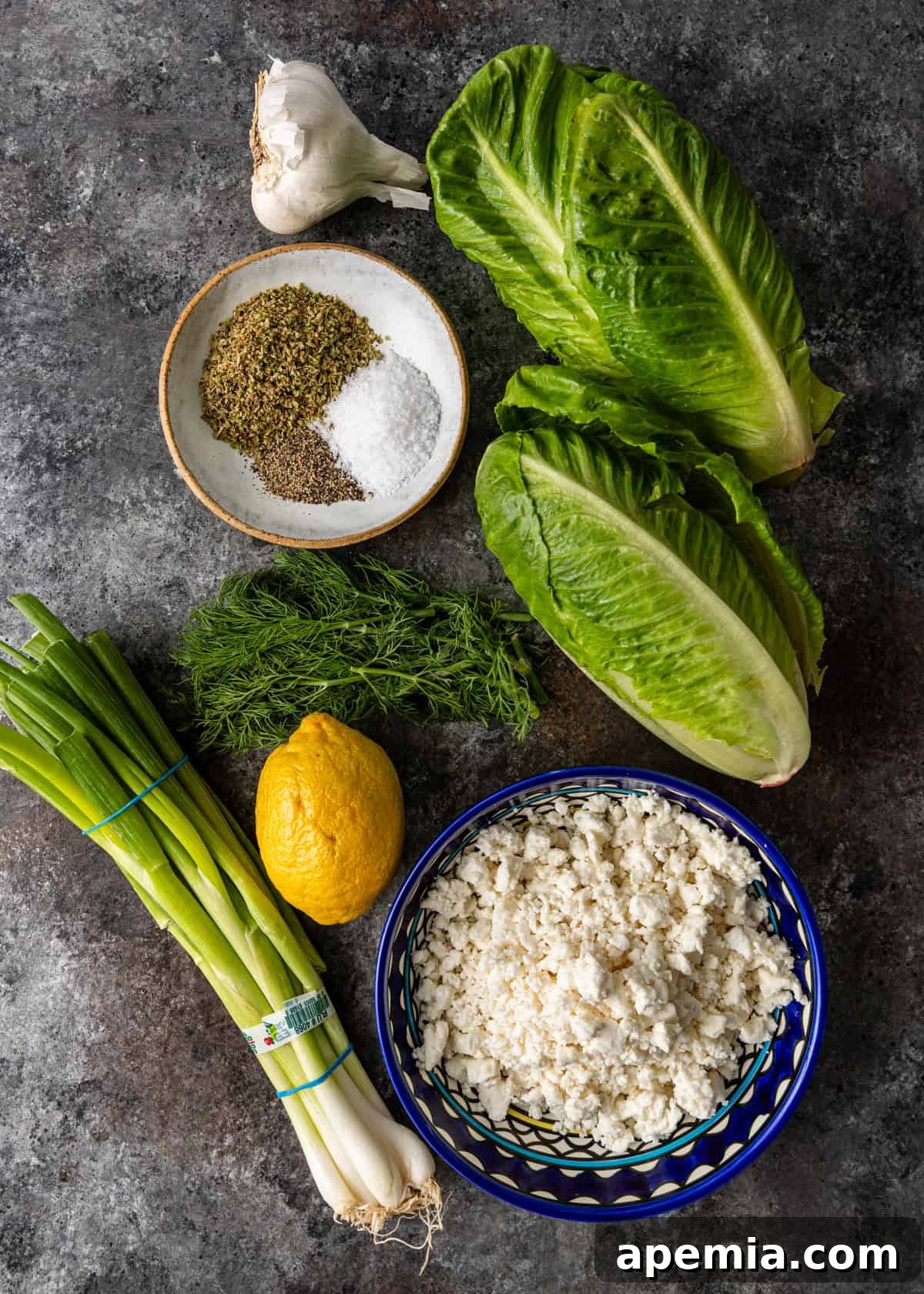 Mediterranean Feta Dill Salad 4 overhead: ingredients needed for my maroulosalata recipe