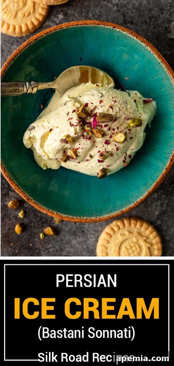 Titled image showing a full bowl of Persian ice cream (Bastani Sonnati) with saffron, pistachios, and rose petals.
