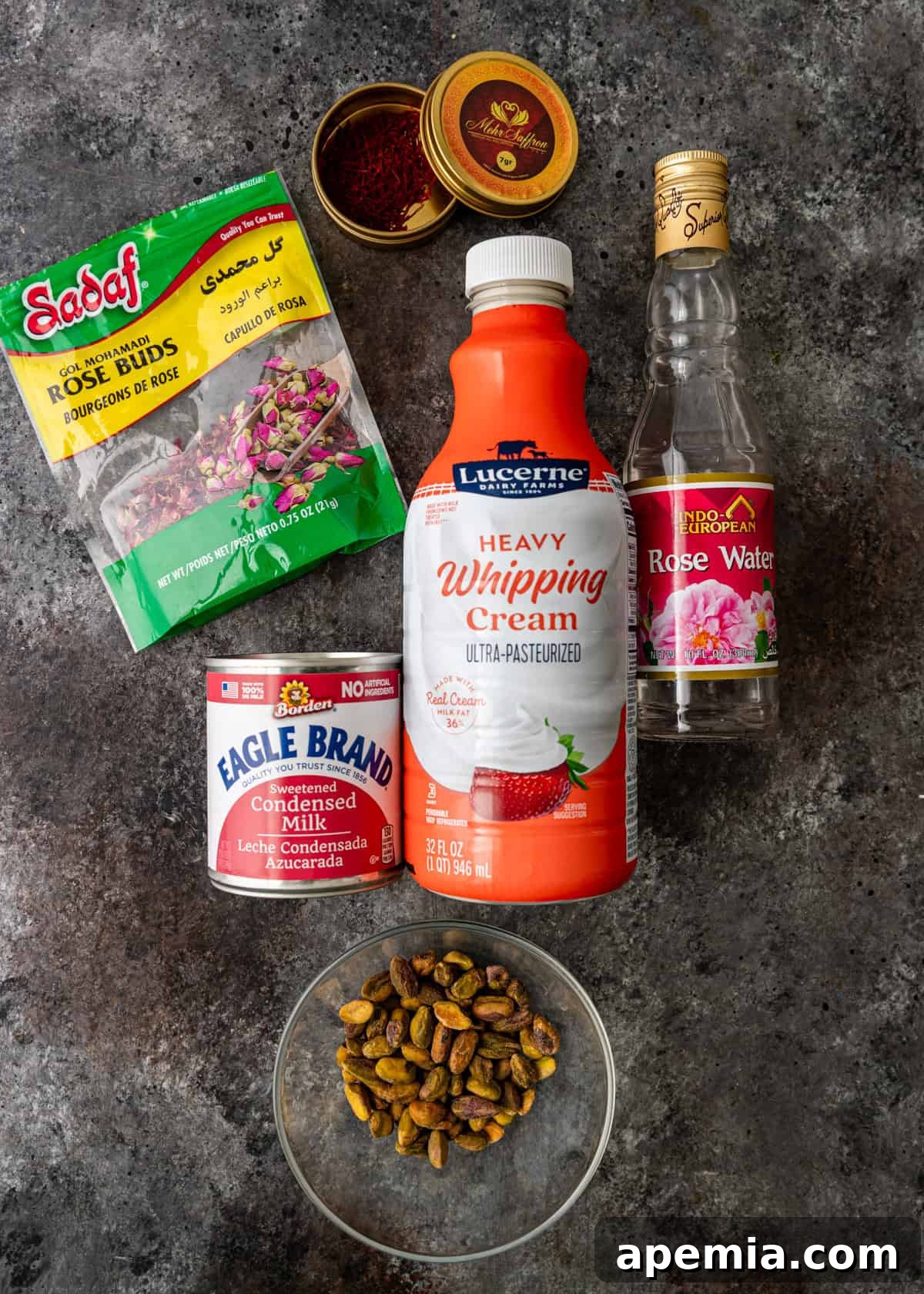 Overhead shot: All the ingredients neatly laid out and ready to make this authentic Persian ice cream recipe.