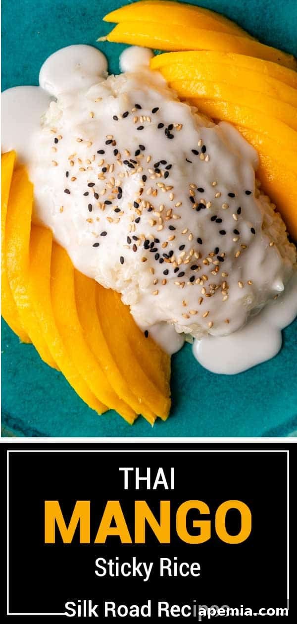 Titled image showing a full plate of Thai Mango Sticky Rice