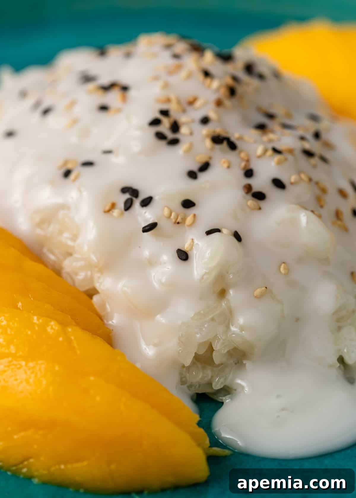 Extreme closeup of mango sticky rice with rich coconut sauce and a scattering of toasted sesame seeds
