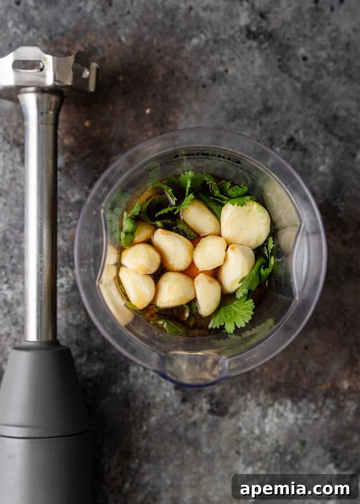 overhead process shot: unprocessed ingredients for thai dipping sauce in an immersion blender before blending, showing fresh chilies, garlic, and cilantro